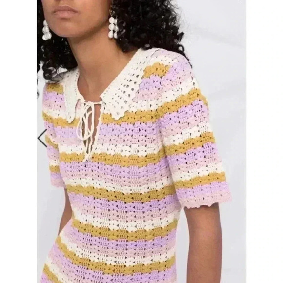 Sandro Multicoloured crochet polo mini dress 38 US 6 S M knit stripe Ethel multi - Picture 5 of 12